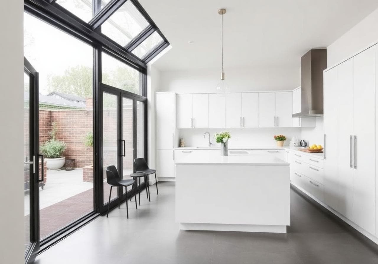 Modern East London side-return kitchen extension with black Crittall doors and a porcelain-topped island
