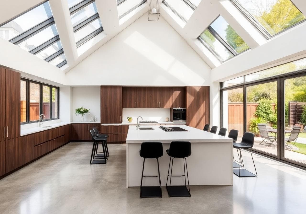 Modern open-plan North-West London kitchen-diner with pitched roof skylights and a long stone island