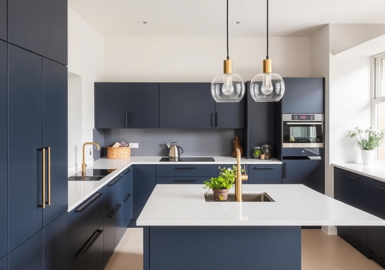 Modern North London kitchen refit with handleless navy cabinetry, white quartz worktop and brass tap