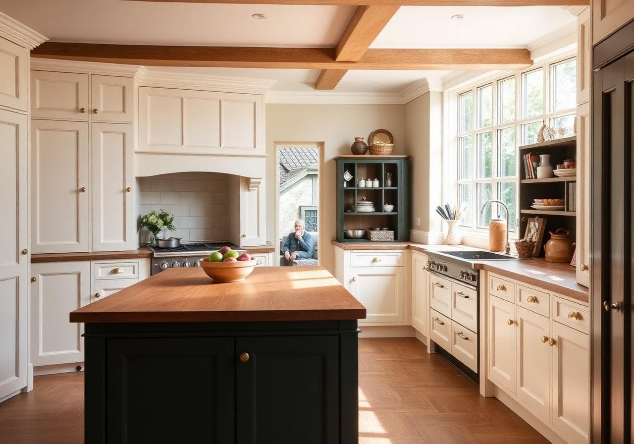 Traditional South London kitchen extension with in-frame painted cabinets and a deep green island