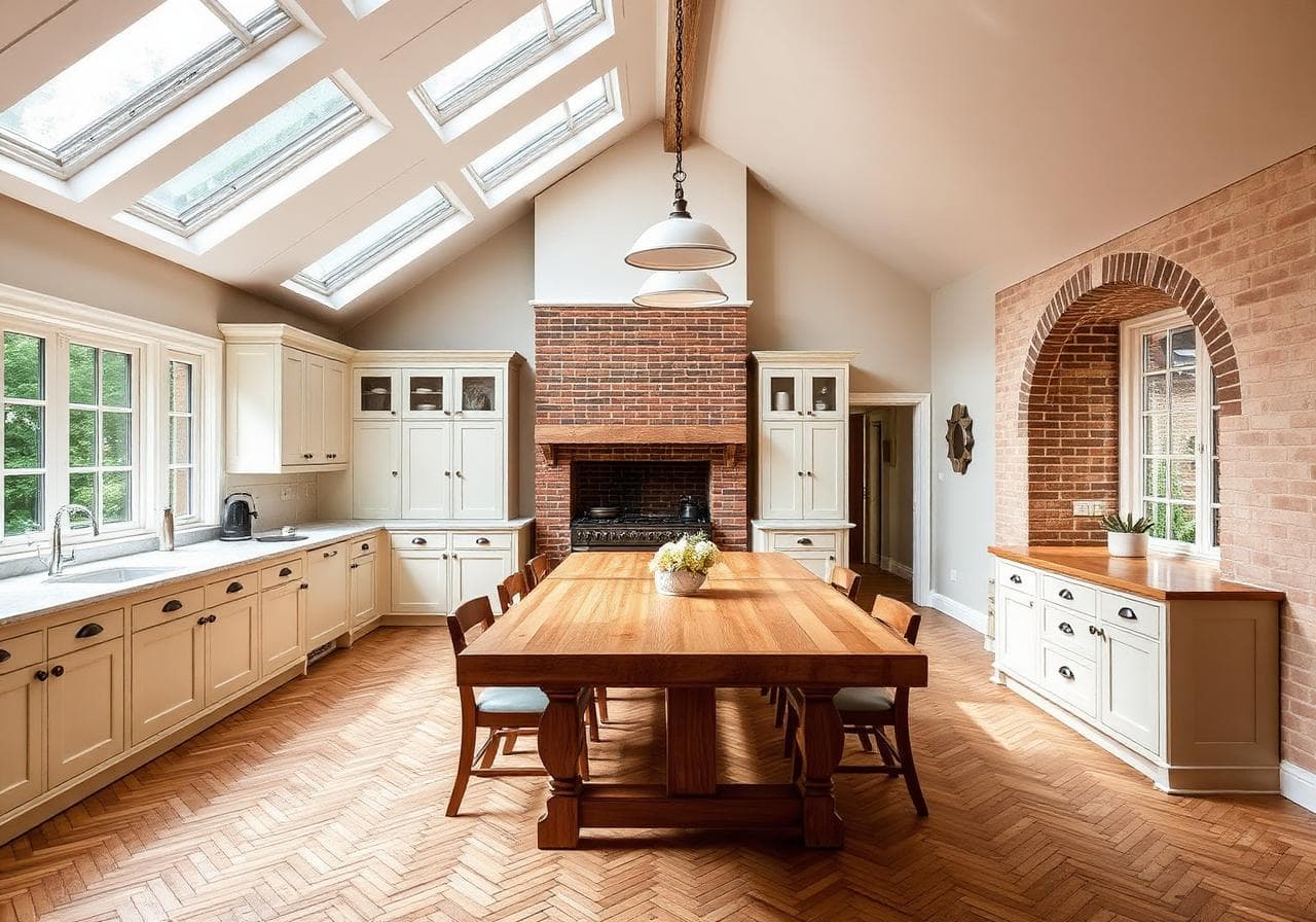 Traditional Outer London open-plan kitchen with cream shaker cabinets, an exposed brick chimney and a herringbone wood floor