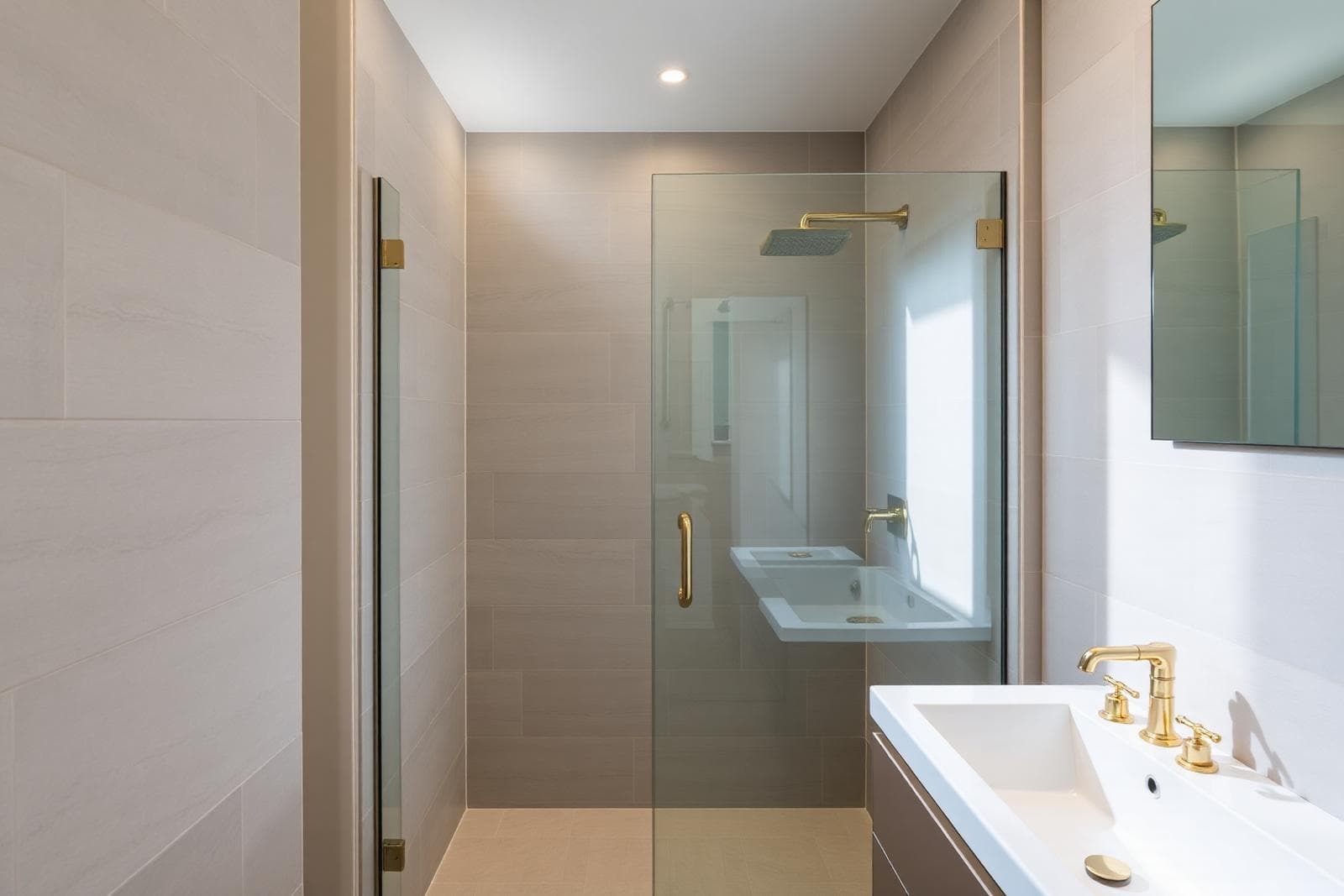 Finished bathroom renovation in a London home with walk-in shower and brass fittings