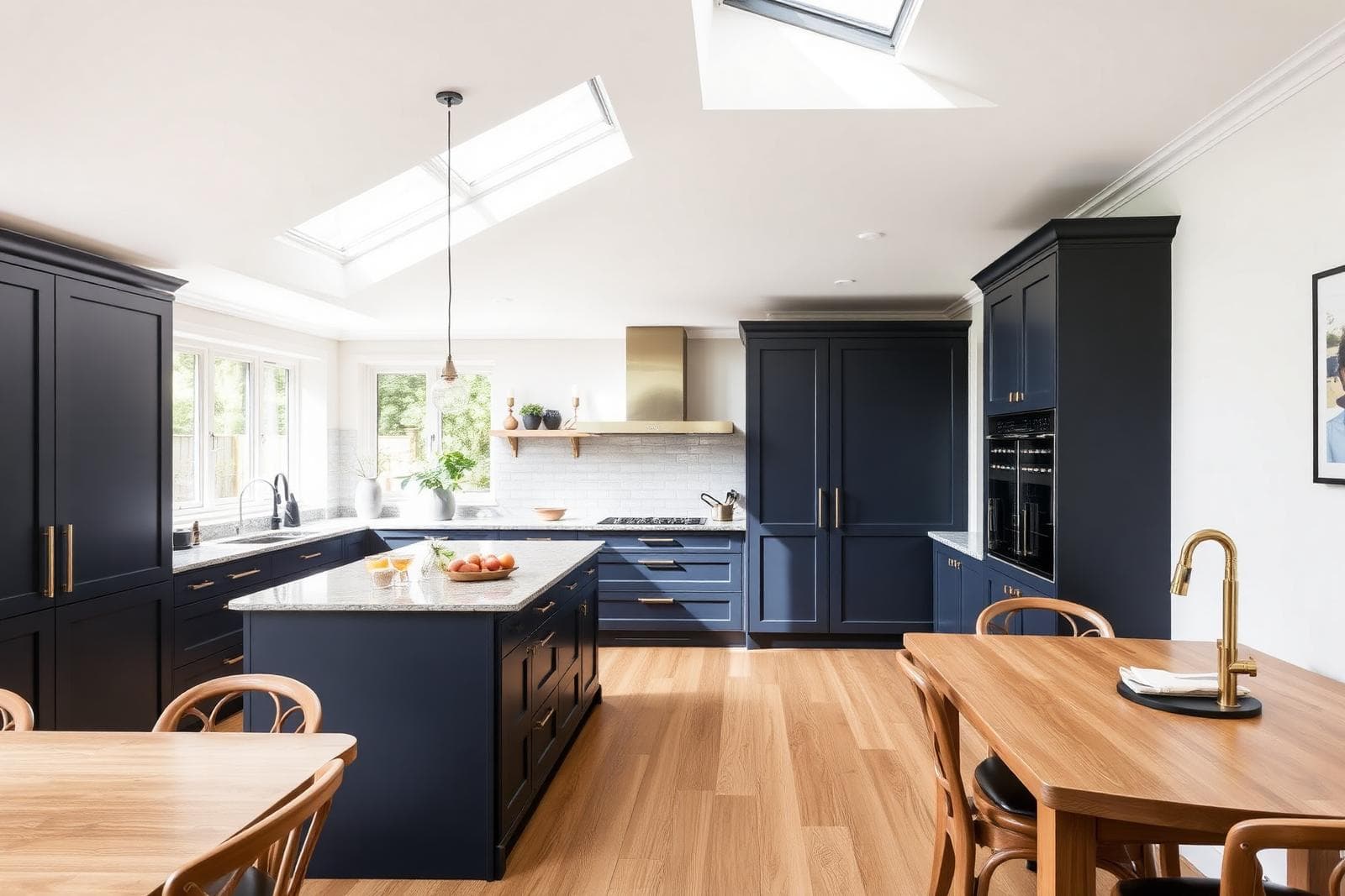 Finished open-plan kitchen extension in a Finchley home with navy cabinetry and roof lights