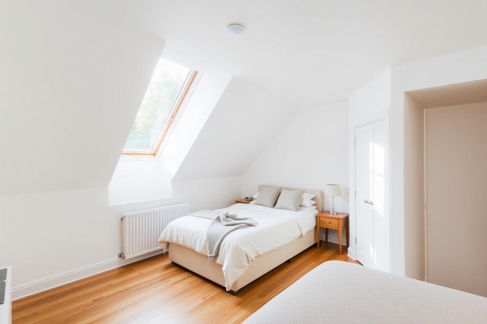 Finished dormer loft conversion bedroom in a London home with skylight and oak floor